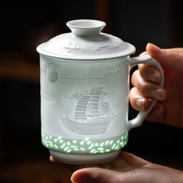 Buddha Stones Jingdezhen Linglong Porcelain Auspicious Dragon Phoenix Boat Smooth Sailing Ceramic Teacup Office Tea Cups 420ml - Boat Smooth Sailing 9.5cm*13.5cm*420ml - image 9