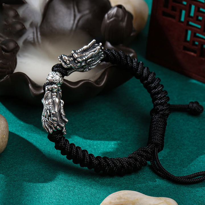 Buddha Stones 999 Sterling Silver Double Dragon Luck Handmade Braided Bracelet - image 1