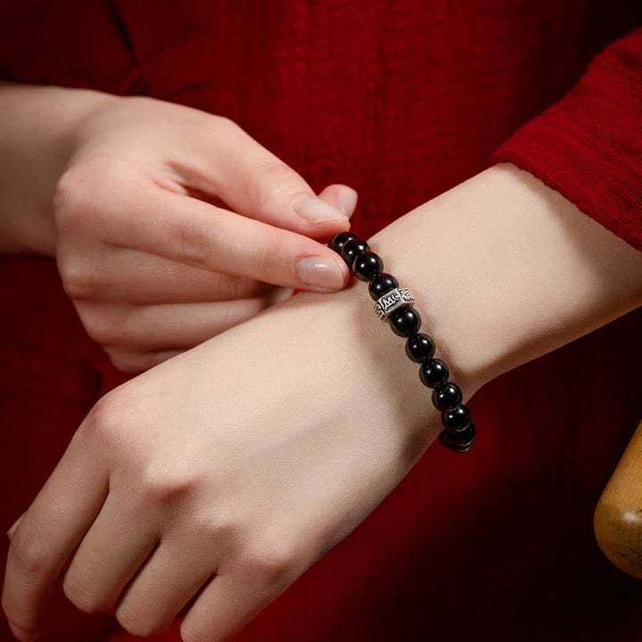 Buddha Stones Chinese Zodiac Natal Buddha 925 Sterling Silver Black Obsidian Moonstone Strength Bracelet - image 4