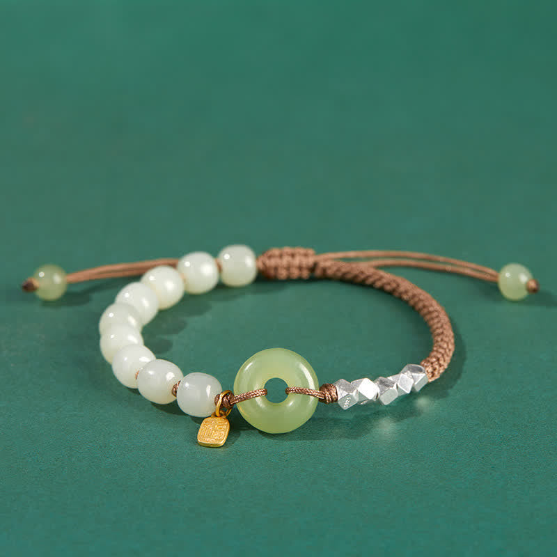 Buddha Stones 925 Sterling Silver Hetian Jade Peace Buckle Beaded Luck Happiness Charm Bracelet - Khaki - image 17