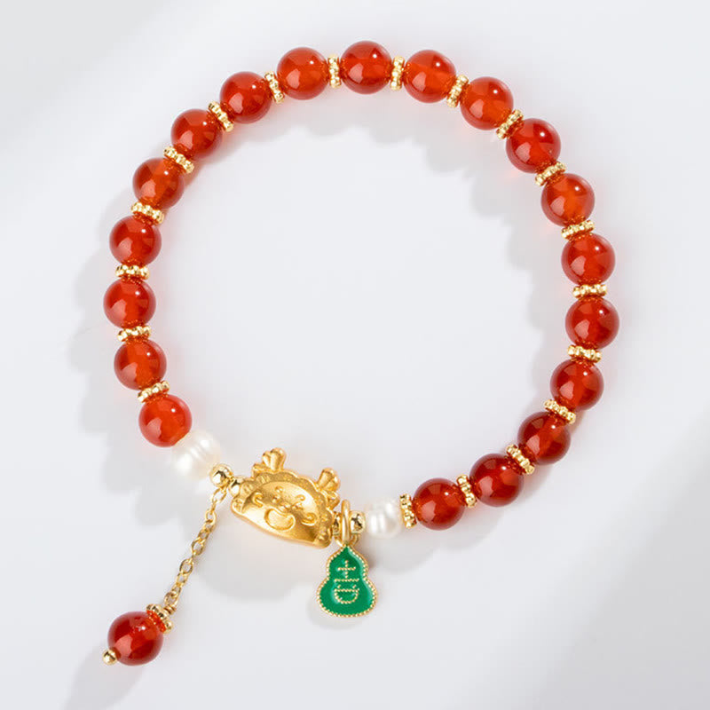 Buddha Stones Year Of The Dragon Natural Red Agate Pink Crystal Black Onyx Dumpling Luck Fu Character Bracelet - image 2