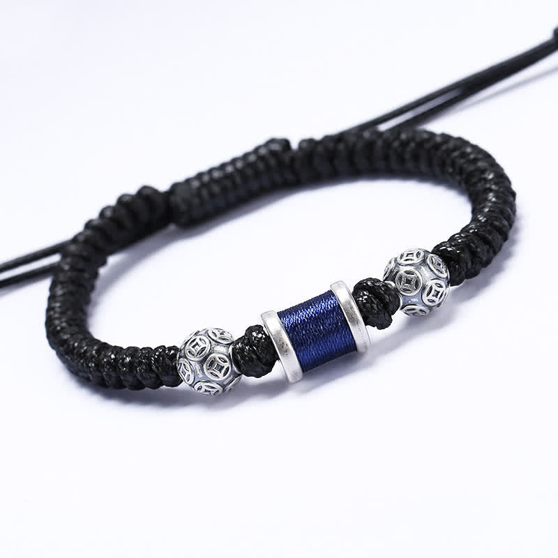 Buddha Stones 999 Sterling Silver Copper Coin Bead Copper Balance Braided String Bracelet - Royal Blue - image 3