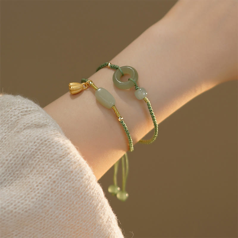 Buddha Stones Lotus Jade Peace Buckle Bead Luck Happiness Charm String Bracelet - image 1