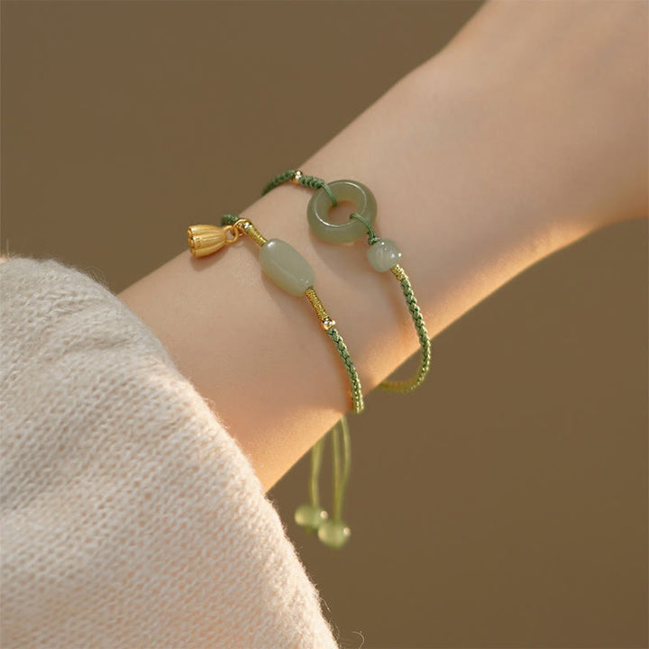 Buddha Stones Lotus Jade Peace Buckle Bead Luck Happiness Charm String Bracelet - image 1