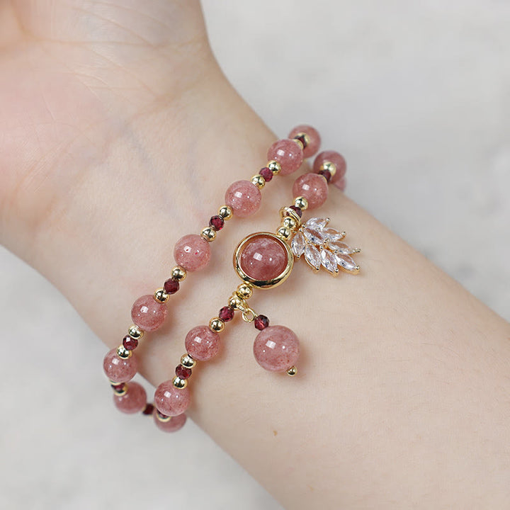 Buddha Stones Natural Strawberry Quartz Love Healing Maple Leaf Charm Double Wrap Bracelet - image 7
