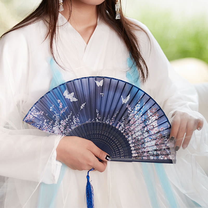 Buddha Stones Butterfly Flowers Handheld Bamboo Folding Fan - image 2