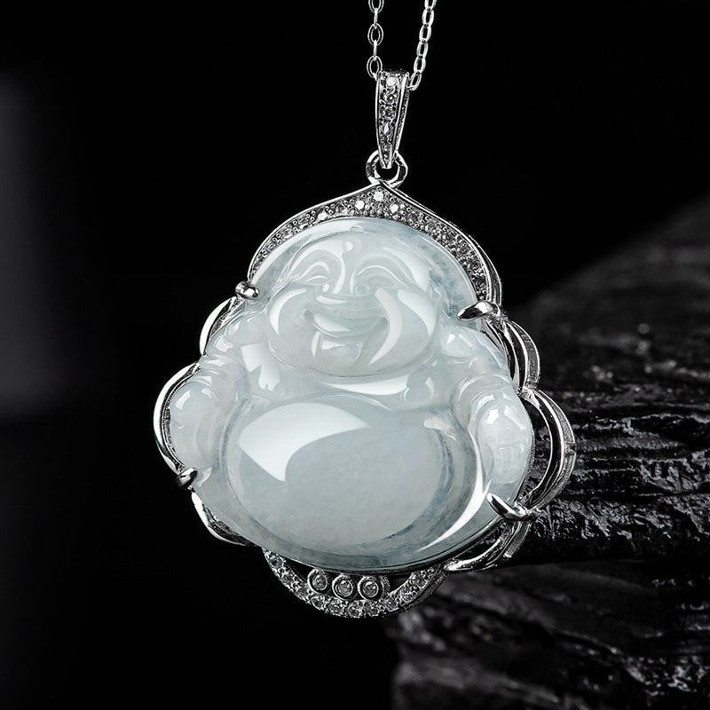 Buddha Stones 925 Sterling Silver Laughing Buddha Natural Jade Abundance Necklace Pendant - Jade (Prosperity ♥ Abundance) - image 0