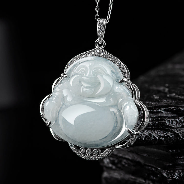 Buddha Stones 925 Sterling Silver Laughing Buddha Natural Jade Abundance Necklace Pendant - Jade (Prosperity ♥ Abundance) - image 0
