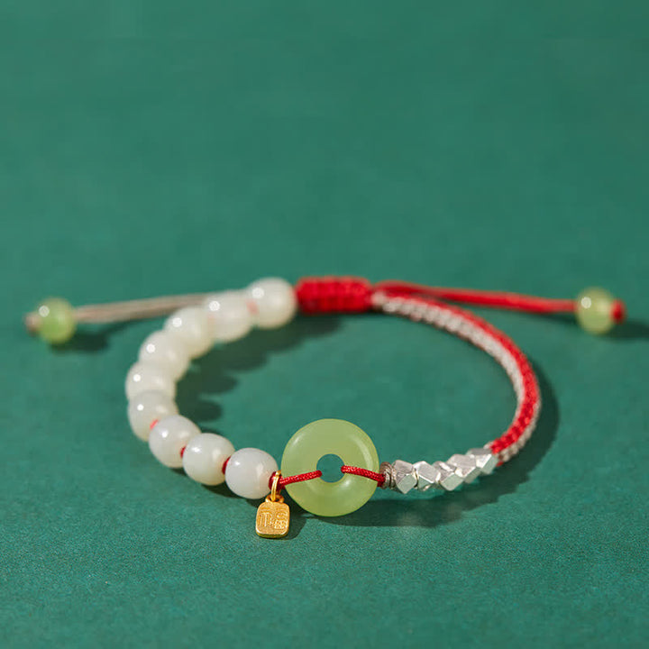 Buddha Stones 925 Sterling Silver Hetian Jade Peace Buckle Beaded Luck Happiness Charm Bracelet - Red - image 0