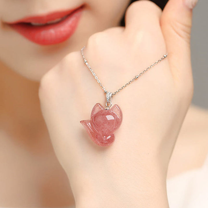 Buddha Stones 14k Gold Plated 925 Sterling Silver Strawberry Quartz Fox Healing Necklace Pendant - image 6