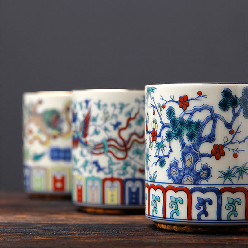 Buddha Stones Vintage Plum Blossom Pine Bamboo Phoenix Kirin Lion Dancing Ceramic Teacup Tea Cups - image 2