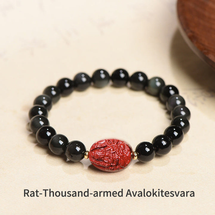 Buddha Stones Chinese Zodiac Natal Buddha Natural Black Obsidian Cinnabar Purification Bracelet - 8mm - Rat-Thousand-armed Avalokitesvara(Wrist Circumference 14-17cm) - image 7