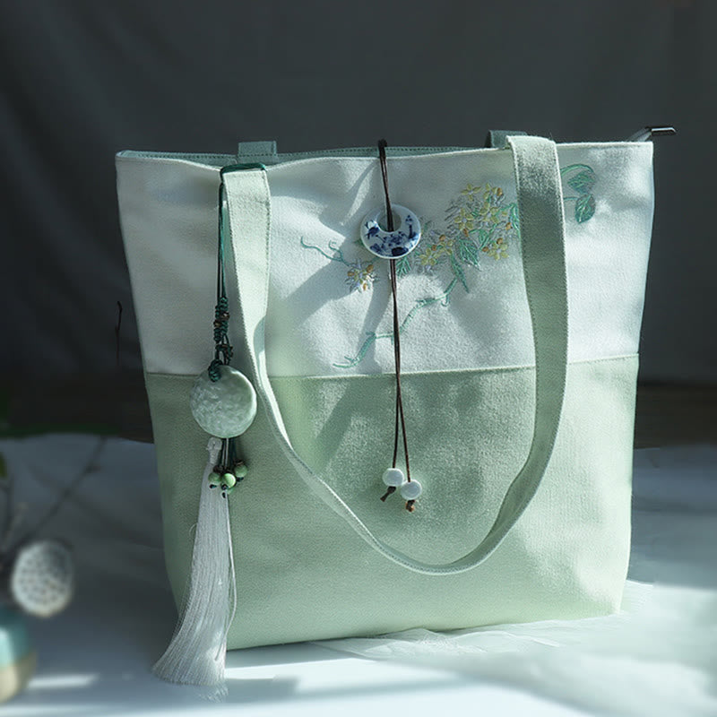 Buddha Stones Pear Flower Plum Peach Blossom Bamboo Embroidery Canvas Large Capacity Shoulder Bag Tote Bag - image 35