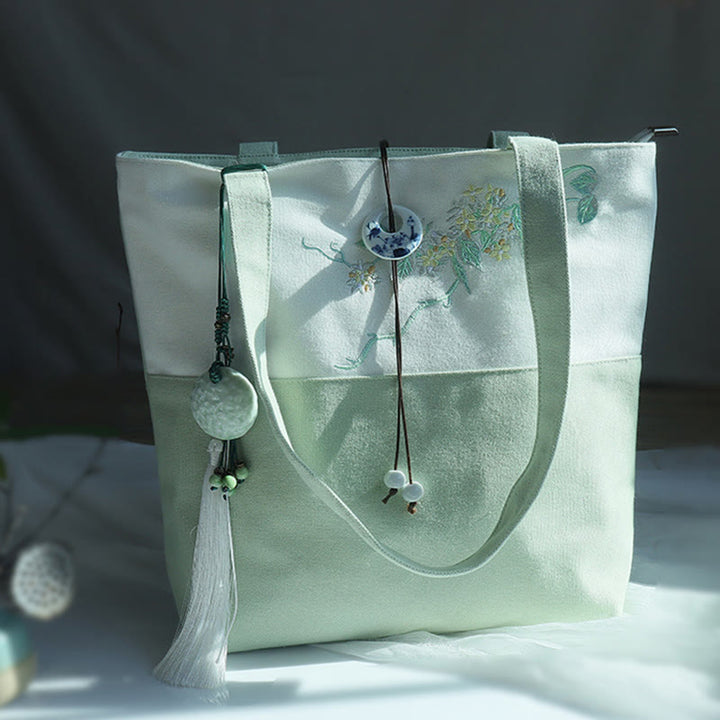 Buddha Stones Pear Flower Plum Peach Blossom Bamboo Embroidery Canvas Large Capacity Shoulder Bag Tote Bag - image 35
