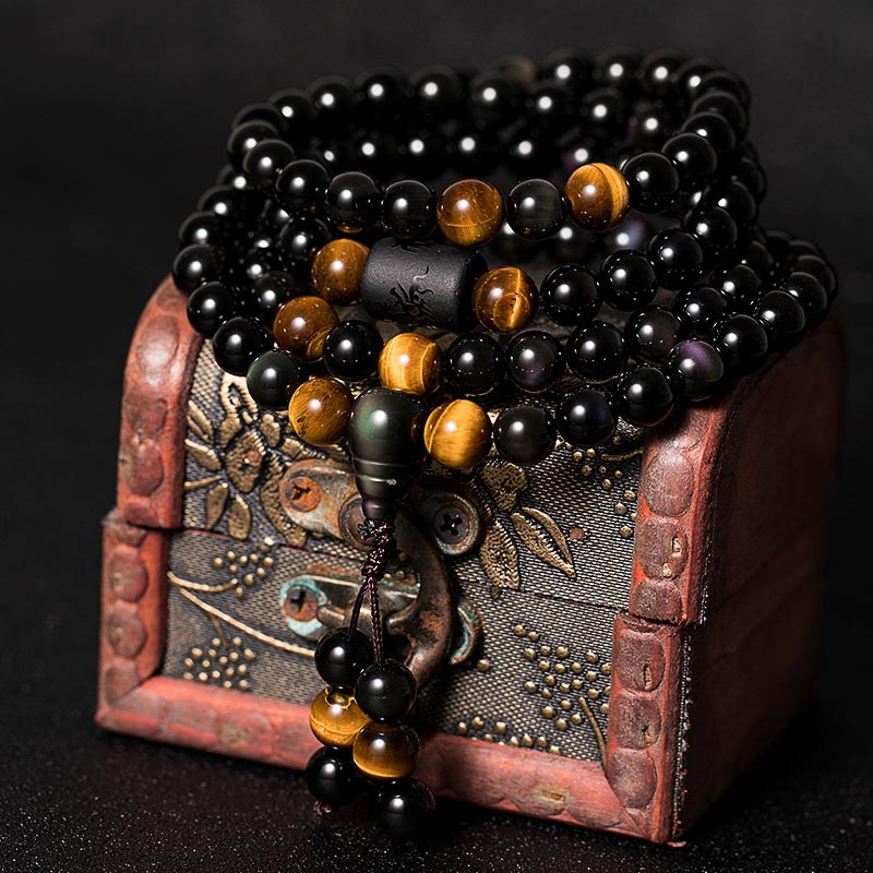 Buddha Stones Natural Black Obsidian Rainbow Obsidian Gourd Blessing Bracelet Mala - Rainbow Obsidian 6mm*108 - image 7