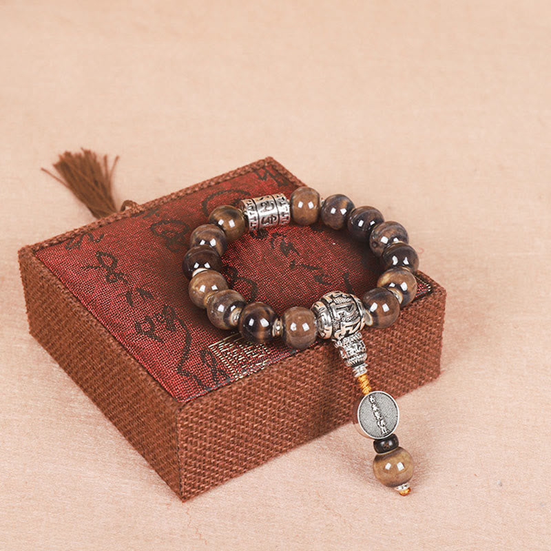 Buddha Stones Tibet Om Mani Padme Hum Prayer Wheel Dorje Vajra Engraved Glass Bead Wisdom Bracelet - Silver Om Mani Padme Hum - image 4