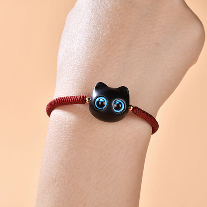 Buddha Stones Ebony Wood Cat Head Pattern Peace King Kong Knot Braided Bracelet - image 7