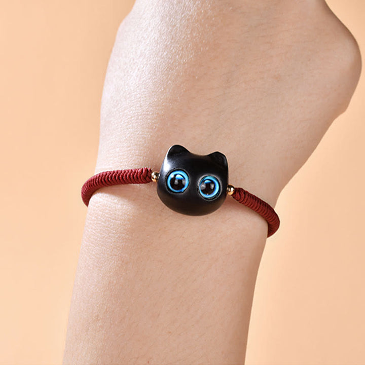 Buddha Stones Ebony Wood Cat Head Pattern Peace King Kong Knot Braided Bracelet - image 7