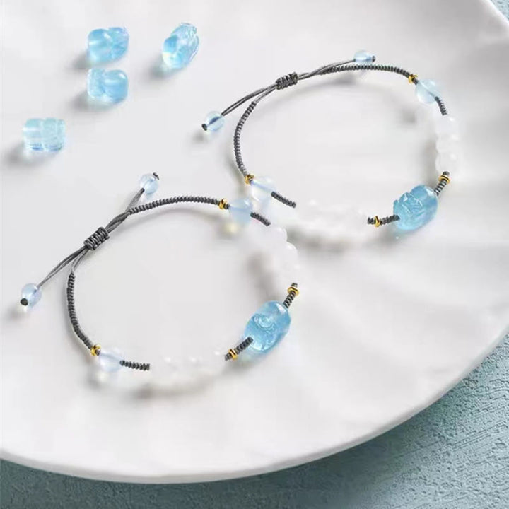 Buddha Stones Natural Aquamarine PiXiu Hetian White Jade Healing Bracelet - image 7