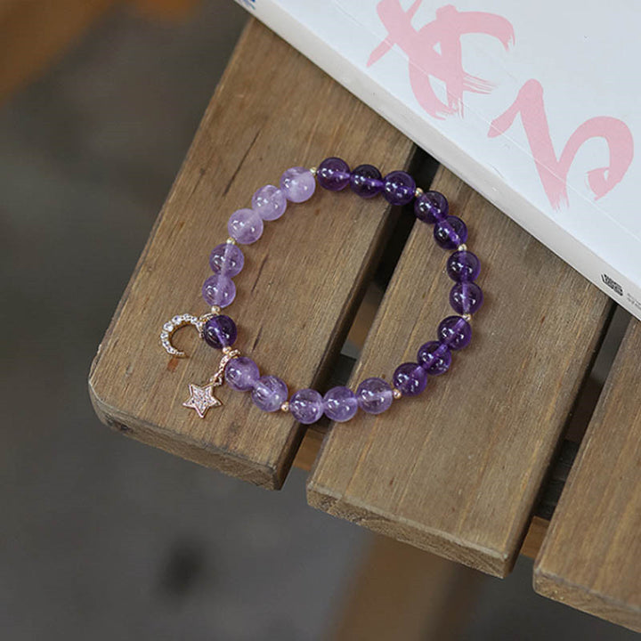 Buddha Stones Amethyst Crystal Moon Star Healing Bracelet - 16-17cm - image 0