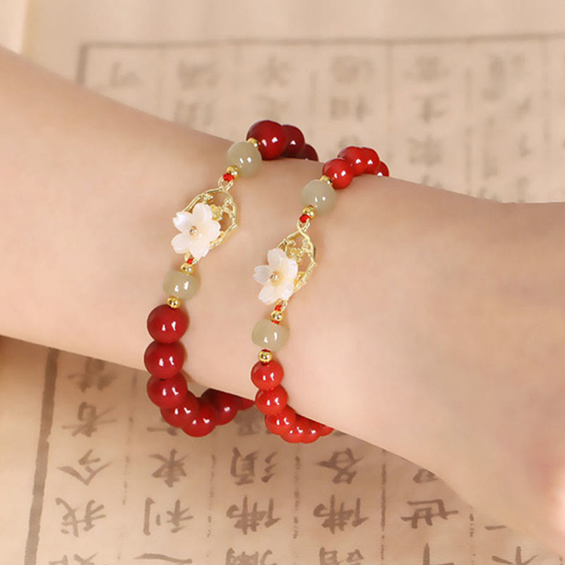 Buddha Stones Natural Cinnabar Jade Beaded Tridacna Stone Flower Blessing Bracelet - image 15