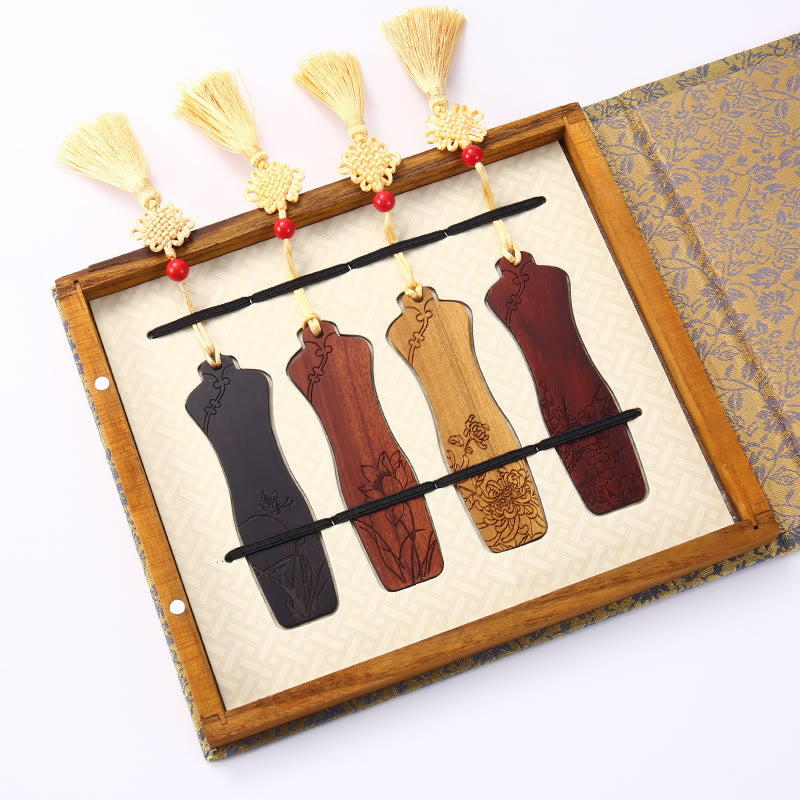 Buddha Stones 4Pcs Four Seasons Plum Orchid Bamboo Chrysanthemum Peking Opera Mask Wood Bookmarks With Gift Box - 4Pcs Chinese Cheongsam - image 20