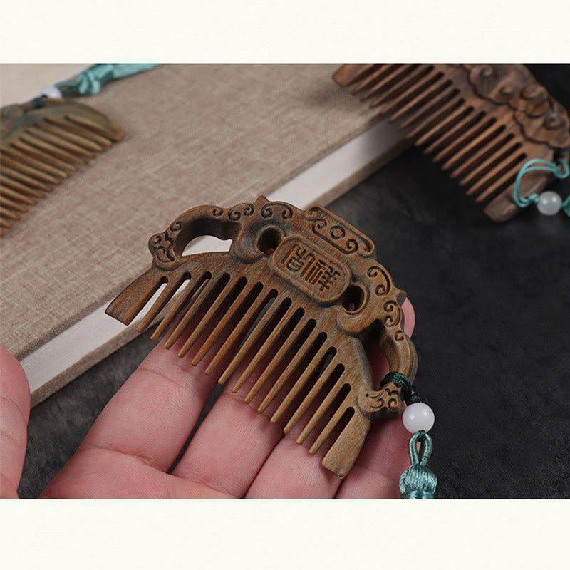 Green Sandalwood Fox Peony Flower Lotus Engraved Cure Tassel Comb - image 6