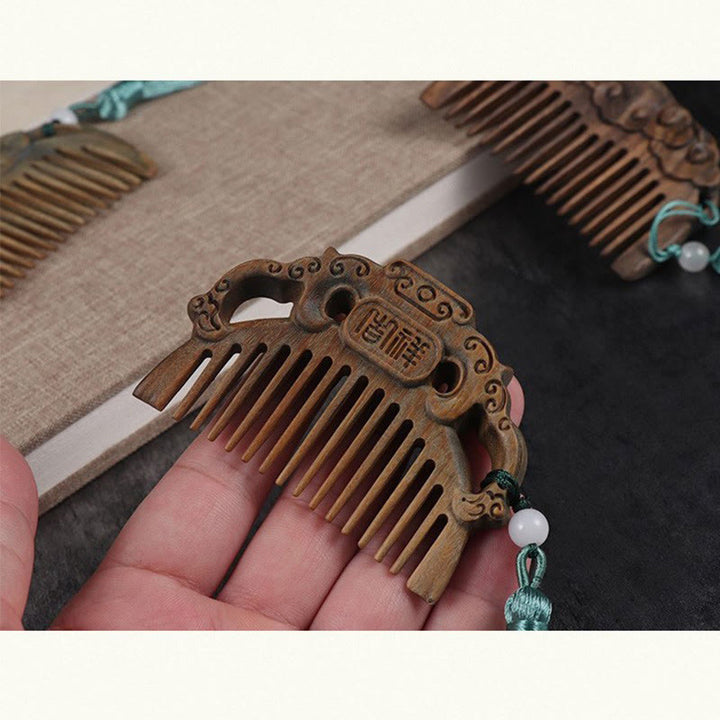 Green Sandalwood Fox Peony Flower Lotus Engraved Cure Tassel Comb - image 6