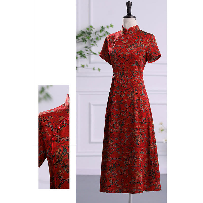 Buddha Stones Vintage Auspicious Clouds Leaf Print Cheongsam Dress Women's Qipao Dress - image 9