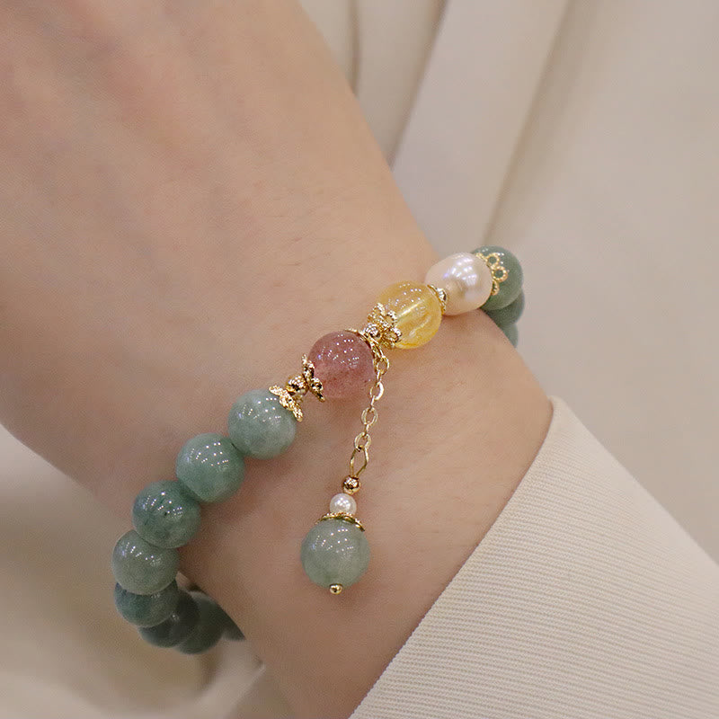 Buddha Stones Jade Pearl Strawberry Quartz Abundance Luck Bead Charm Bracelet - image 7