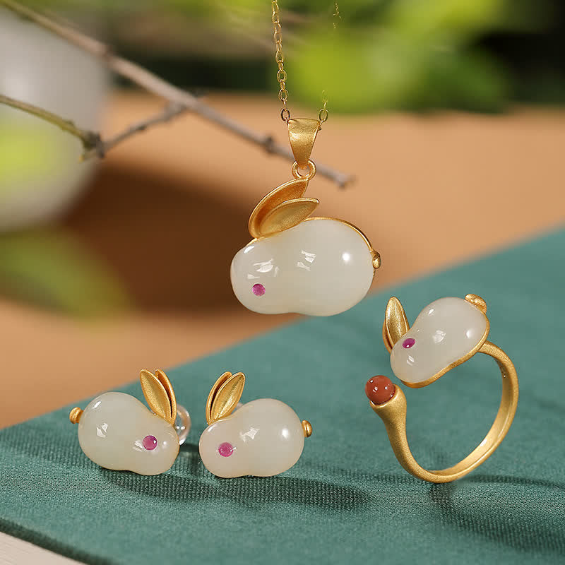 Buddha Stones 925 Sterling Silver Year of the Rabbit Hetian Jade Luck Ring Earrings Necklace Pendant - Set (Necklace+Earrings+Ring) - image 0