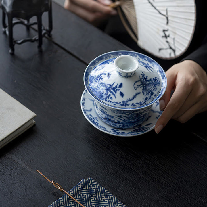Buddha Stones Blue And White Porcelain Lotus Koi Fish Lion Dance Watermelon Ceramic Gaiwan Sancai Teacup Kung Fu Tea Cup And Saucer With Lid 300ml - image 4