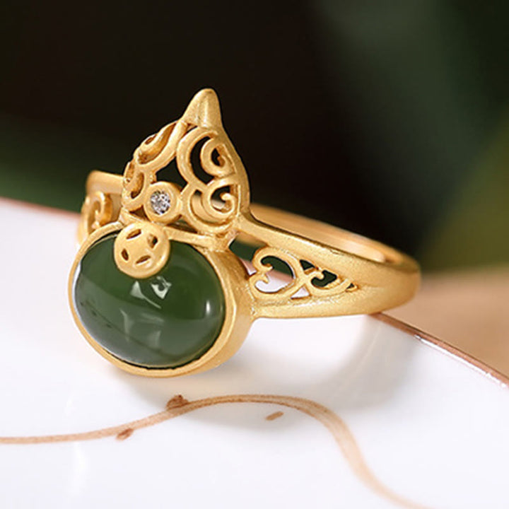 Buddha Stones Gourd Cyan Jade Copper Coin Success Luck Adjustable Ring - image 6