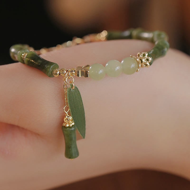 Buddha Stones Jade Bamboo Leaf Lily Of The Valley Pattern Luck Abundance Bracelet - Green Bamboo Leaf(Wrist Circumference 15-19cm) - image 0