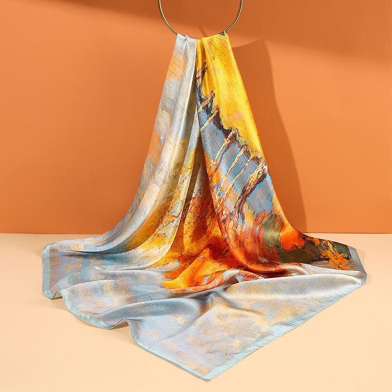 Buddha Stones Oil Painting City Snow Scene Castle Lotus 100% Mulberry Silk Neck Hair Scarf - image 1