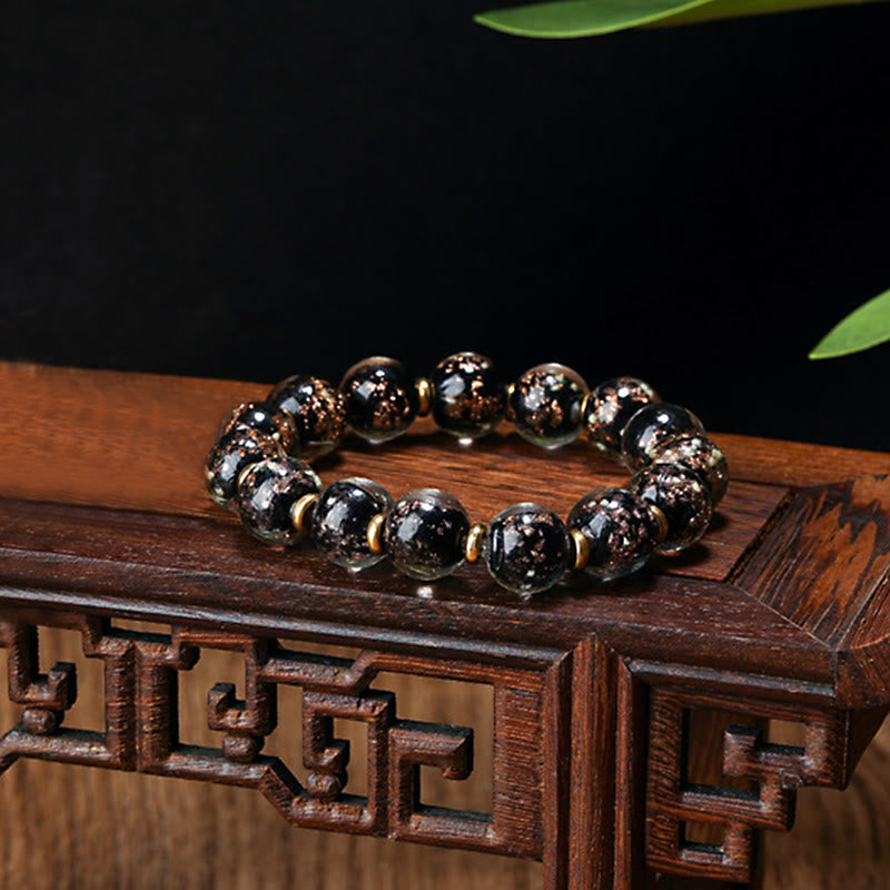 Buddha Stones Gold Swallowing Beast Family Charm Luminous Fluorescent Liuli Glass Bead Success Bracelet - Black - Simple Version - 12mm - image 22