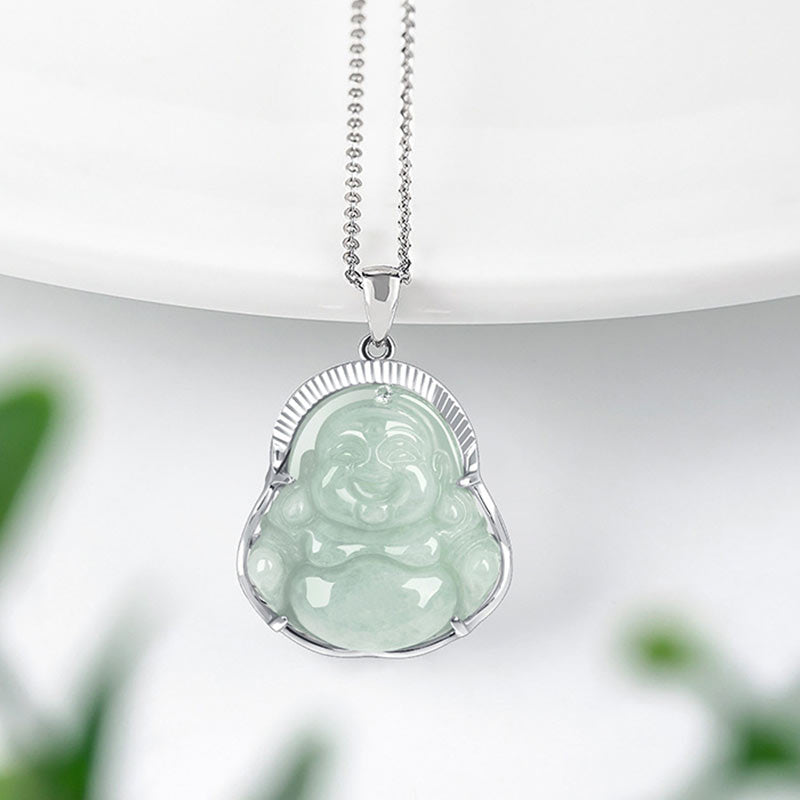 Buddha Stones 925 Sterling Silver Laughing Buddha Jade Luck Calm Necklace Chain Pendant - image 1