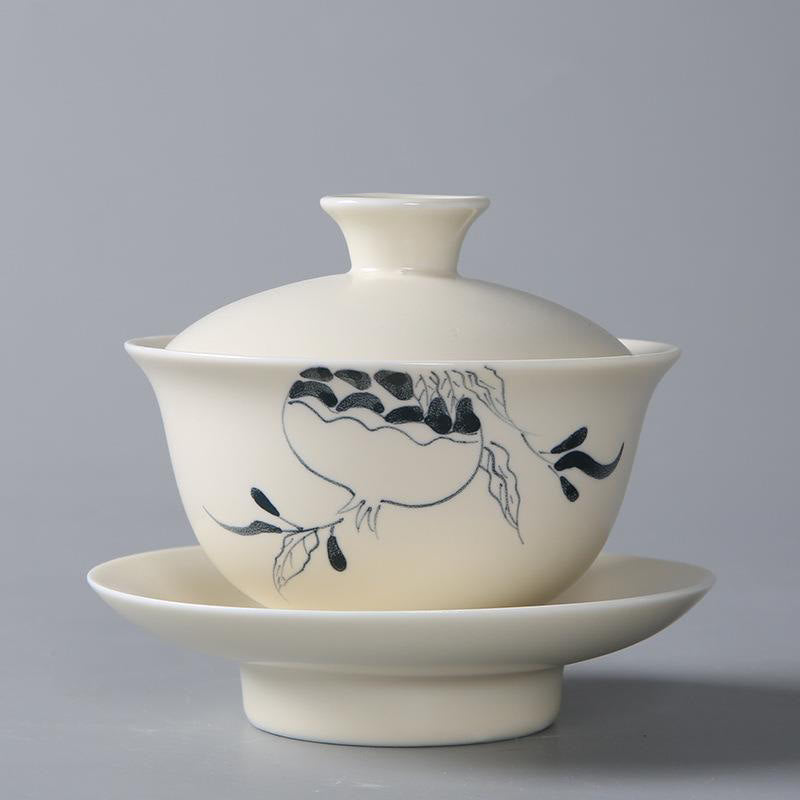 Buddha Stones Hand Painted Pomegranate Hibiscus Pine Lotus Ceramic Gaiwan Sancai Teacup Kung Fu Tea Cup And Saucer With Lid - 13*9cm*200ml - Pomegranate - image 0