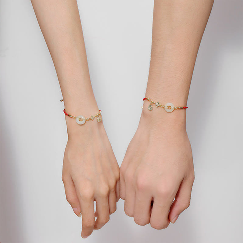Buddha Stones 18K Gold Plated Hetian Jade Peace Buckle Fu Character Luck Red Rope Bracelet - image 12