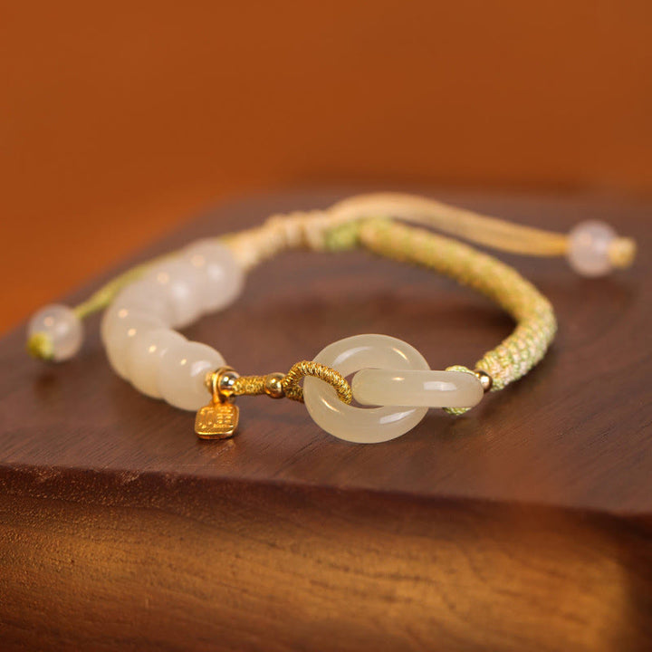 Buddha Stones Natural Hetian Jade Bead Double Peace Buckle Fu Character Abundance Braided Bracelet - image 14