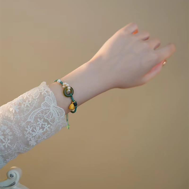Buddha Stones Natural Hetian Jade Peace Buckle Pearl Luck Handcrafted Braided Bracelet - image 3