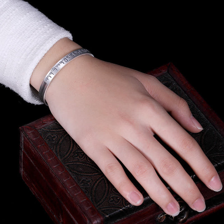 Buddha Stones 999 Sterling Silver Six True Words Heart Sutra Protection Bracelet Bangle - image 3