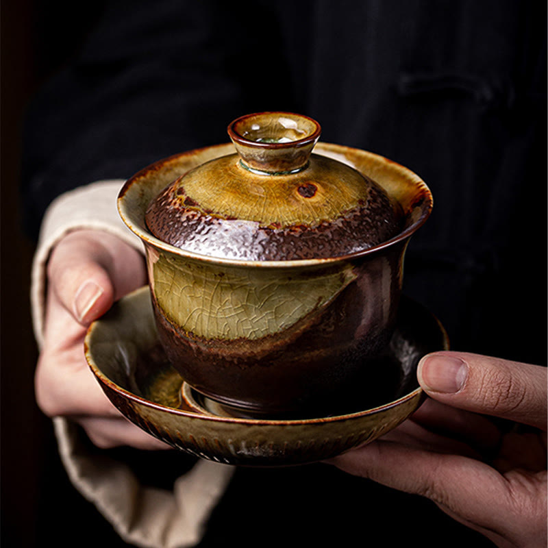 Buddha Stones Vintage Brown Kiln Change Design Porcelain Ceramic Gaiwan Sancai Teacup Kung Fu Tea Cup And Saucer With Lid - image 10