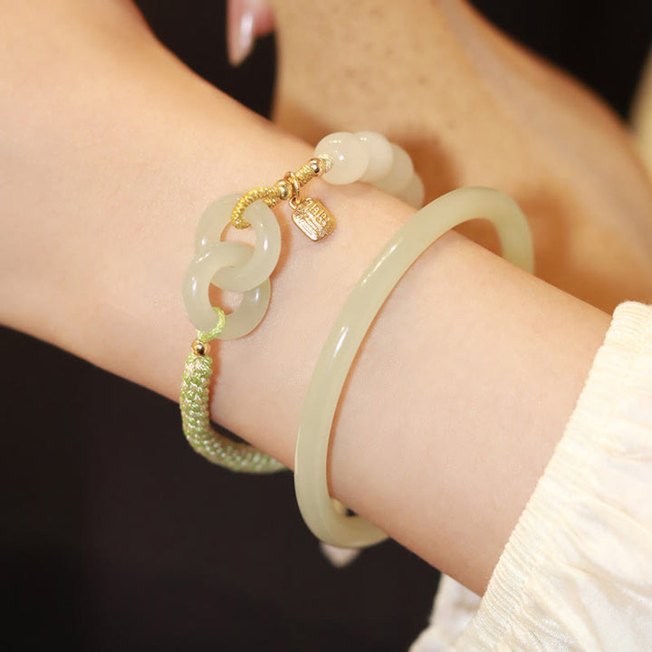 Buddha Stones Natural Hetian Jade Bead Double Peace Buckle Fu Character Abundance Braided Bracelet - image 13