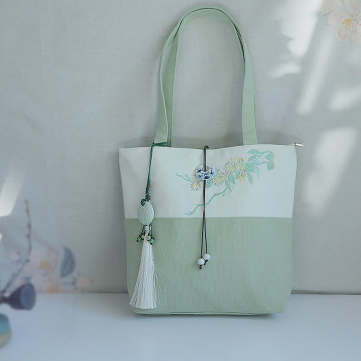 Buddha Stones Pear Flower Plum Peach Blossom Bamboo Embroidery Canvas Large Capacity Shoulder Bag Tote Bag - image 37