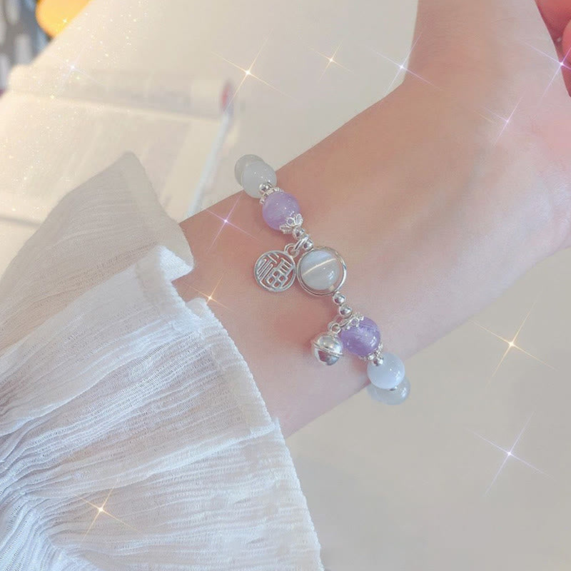 Buddha Stones Cat's Eye Amethyst Fu Character Bell Charm Support Bracelet - image 1