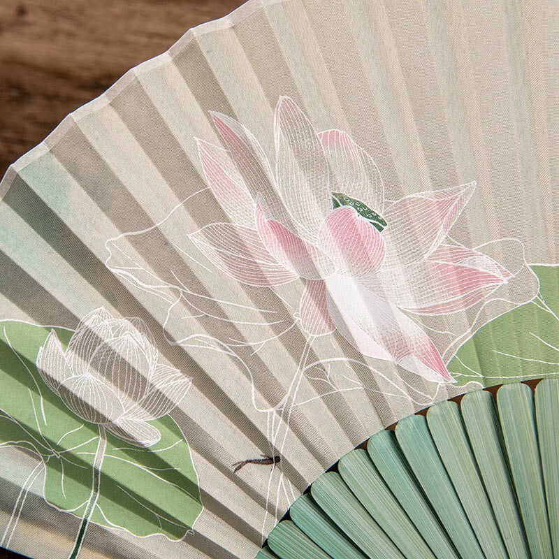 Buddha Stones Jasmine Lotus Begonia Flowers Handheld Bamboo Folding Fan - image 5