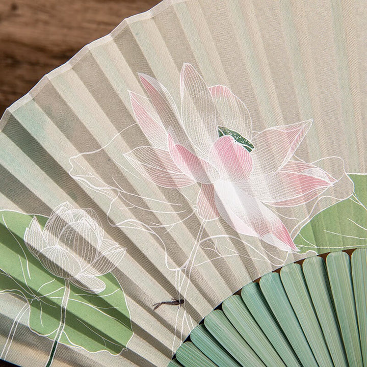 Buddha Stones Jasmine Lotus Begonia Flowers Handheld Bamboo Folding Fan - image 5