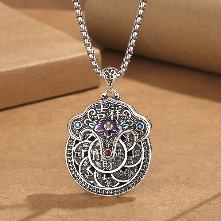 Buddha Stones Peony Flower Copper Coins Wealth Necklace Pendant - image 3