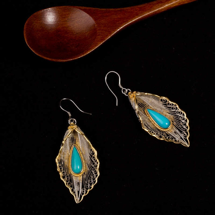 Buddha Stones 925 Sterling Silver Turquoise Bodhi Leaf Pattern Protection Drop Dangle Earrings - image 11